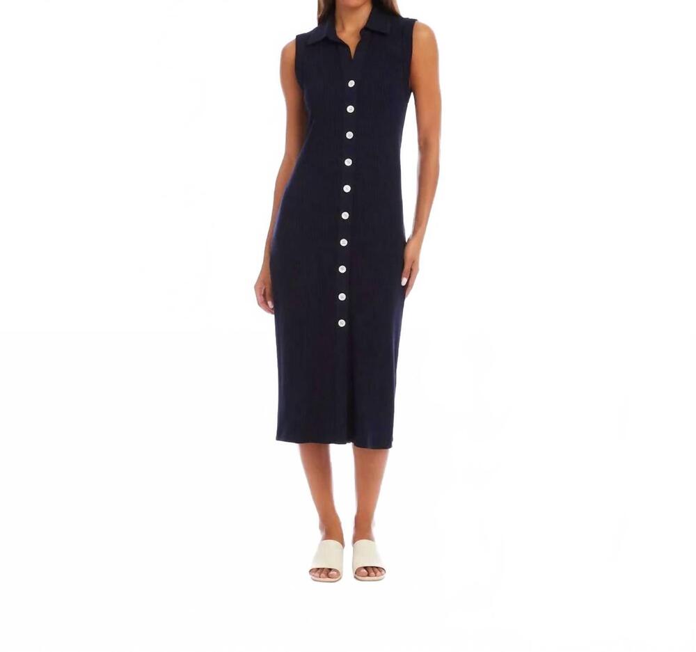 NEW KAREN KANE ribbed sleeveless button front midi dress in navy